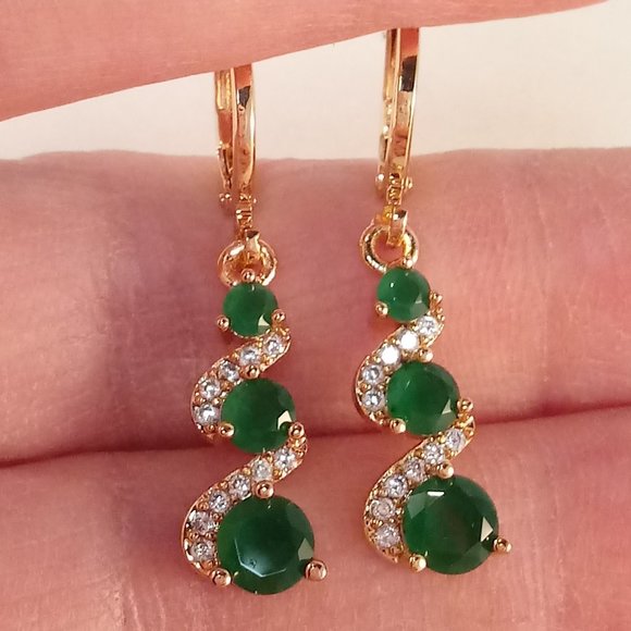 18K Yellow Gold Filled Jade Green Diamond Zircon Layer Swirl Dangle Earrings - Picture 1 of 4
